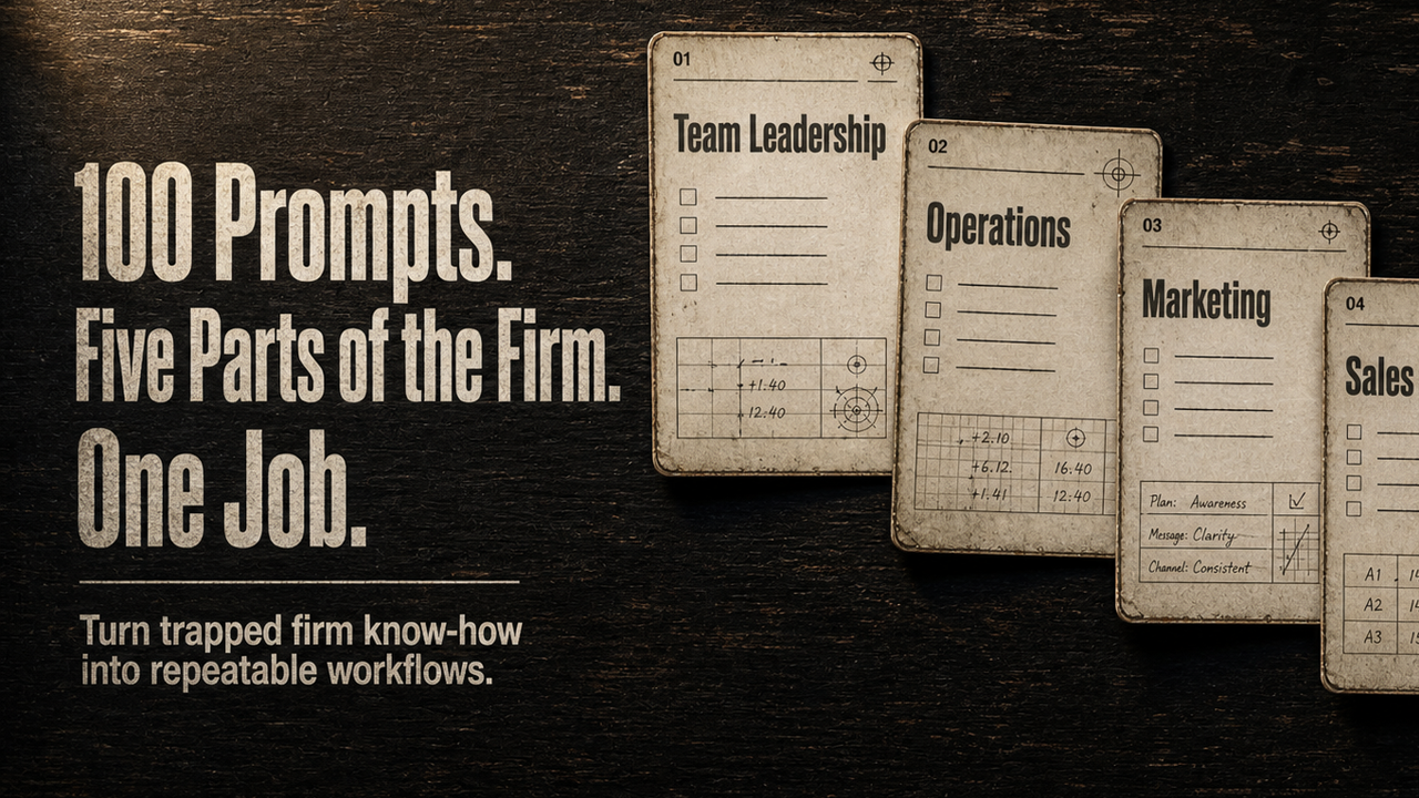 Dark editorial desk graphic with five tactical workflow cards under the headline about 100 practical AI prompts for accounting firm owners and turning trapped know-how into repeatable workflows.