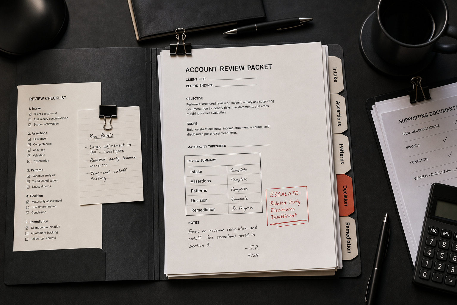 Editorial review-desk still life for ReviewedIt showing a governed journal-entry review packet, labeled workflow tabs, and a red escalation note.