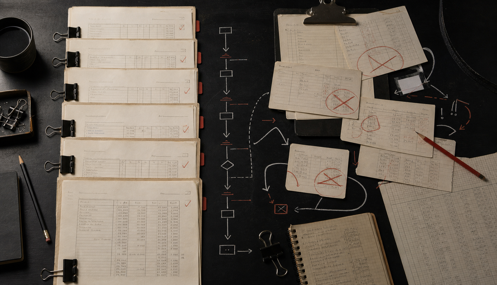 Overhead editorial image of orderly clipped accounting ledgers on the left, messy handwritten worksheets with circled errors on the right, and a chalked workflow diagram between them on a dark desk.