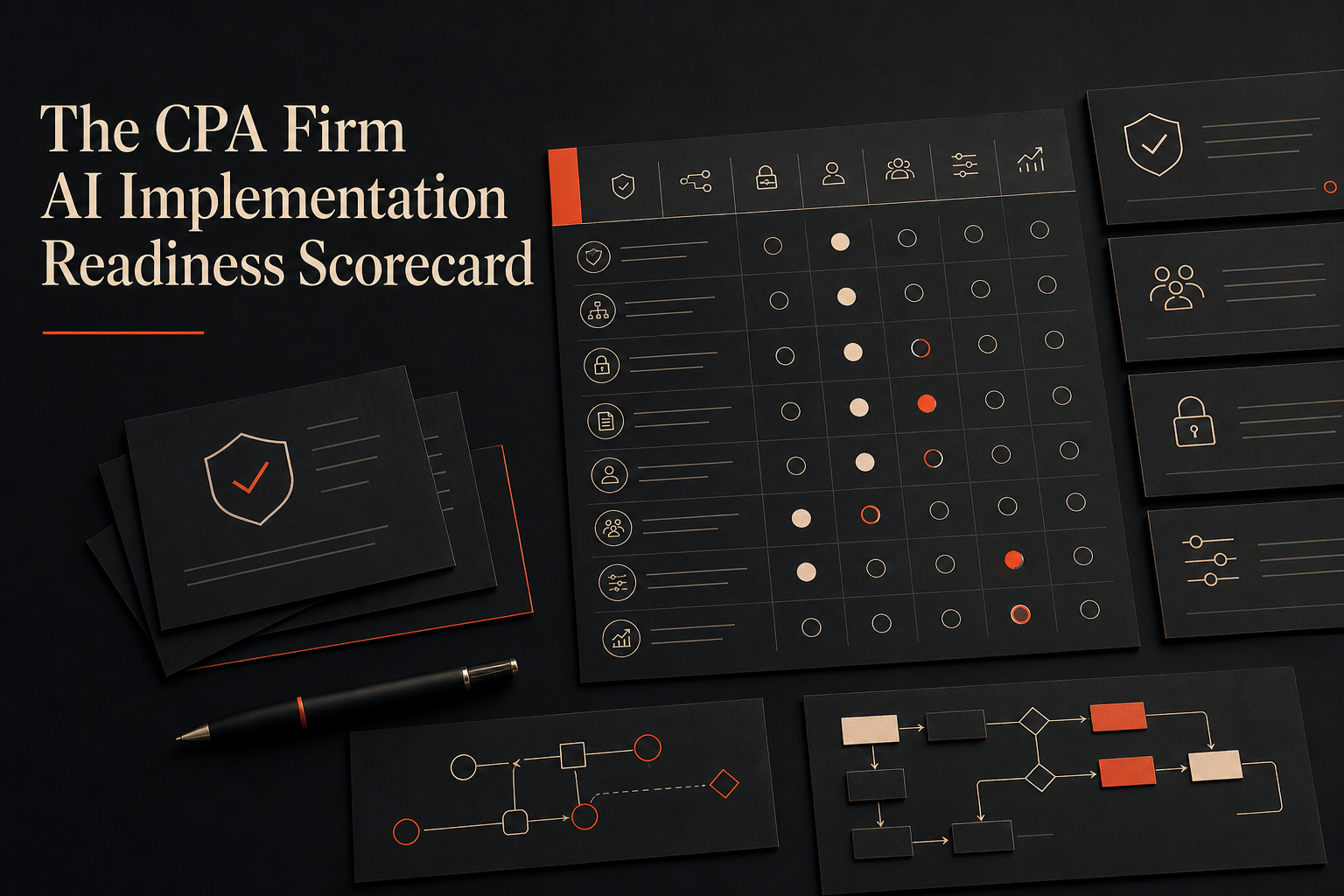 The CPA Firm AI Implementation Readiness Scorecard showing workflow trust, review checkpoints, ownership, confidentiality, and busy-season survivability.