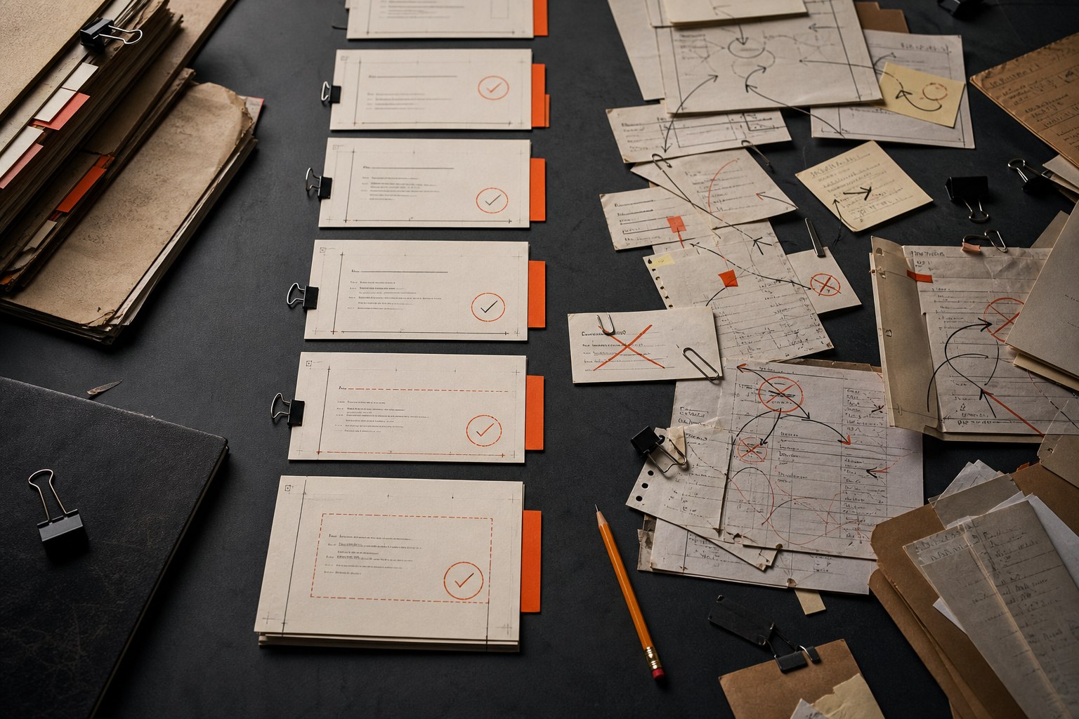 Overhead editorial image of clipped workflow packets and marked-up process notes on a dark desk, contrasting clean reviewed checklists on the left with messy crossed-out handoff diagrams and exception loops on the right.