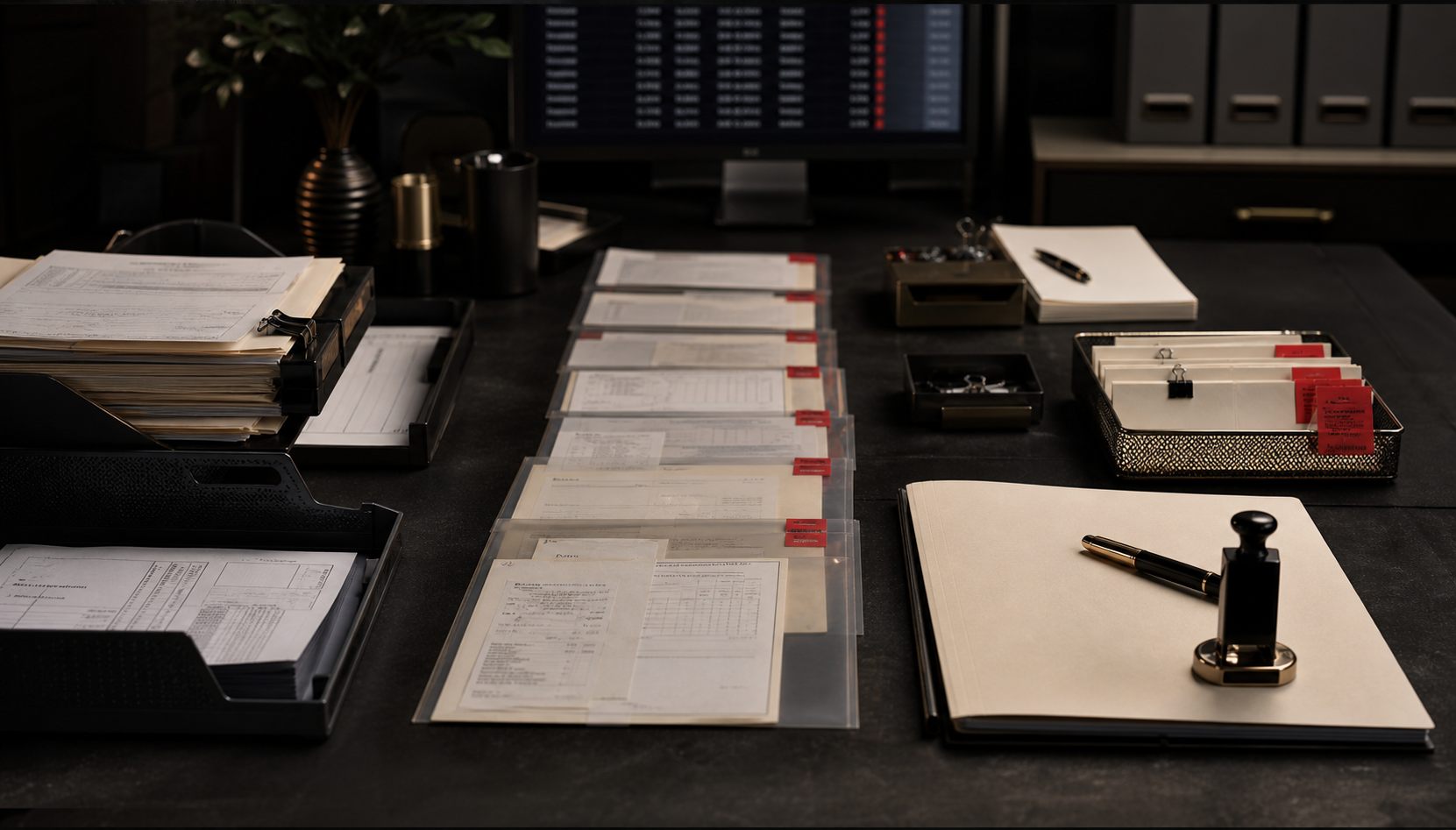 Dark accounting operations still-life showing a bounded workflow with organized packets, review materials, an exception queue, and a controlled approval lane.