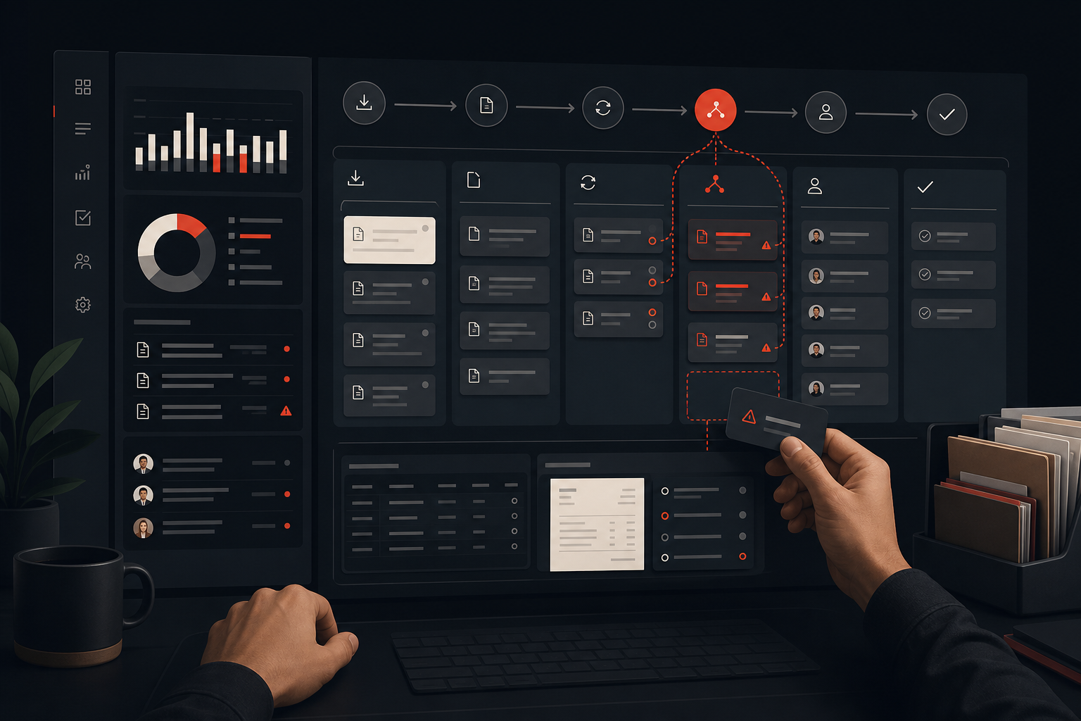 Editorial illustration showing bookkeeping workflow bottlenecks, document intake, reconciliation queues, exception routing, and AI-assisted workflow control.