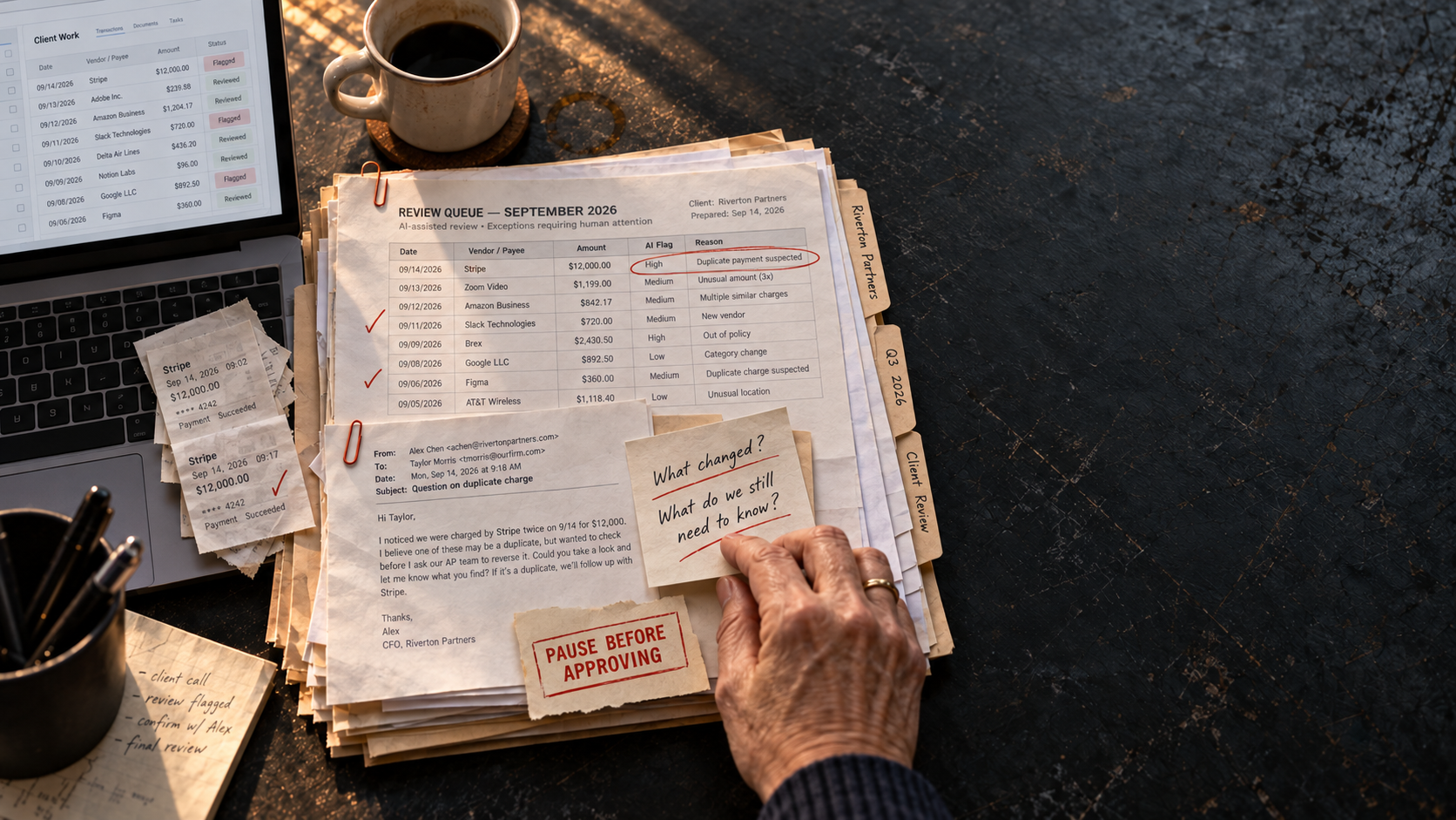 A 55-year-old woman managing partner reviews tactile accounting workpapers in a warm field-manual workspace, pausing over the choices created by AI output.