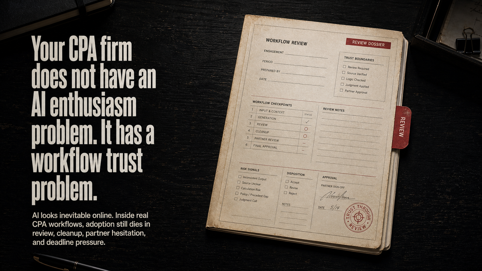 Editorial illustration for Your CPA Firm Does Not Have an AI Enthusiasm Problem. It Has a Workflow Trust Problem..